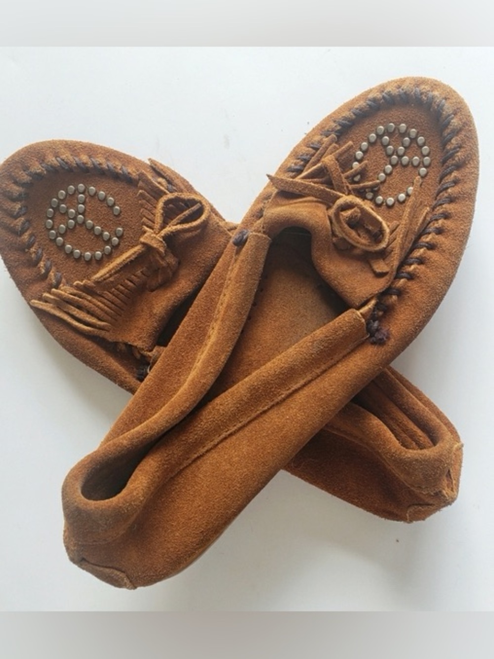 Minnetonka Peace Moc Brown Suede Moccasin Loafers with Stud Detail